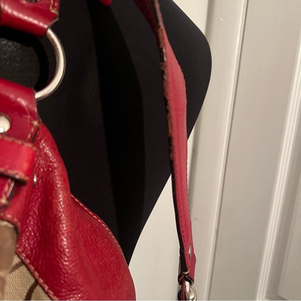 Coach F12674 Zoe Signature C Khaki Jacquard Red Leather Hobo Shoulder Bag - Picture 12 of 16
